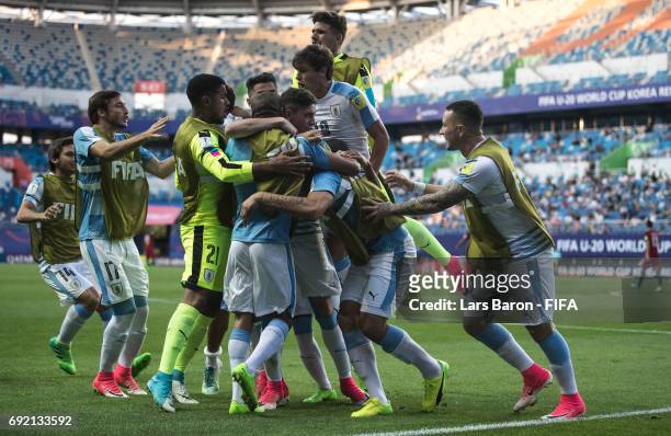 Federico Valverde of Uruguay celebrates with team mates after scoring his teams second goal during the FIFA U-20 World Cup Korea Republic 2017...