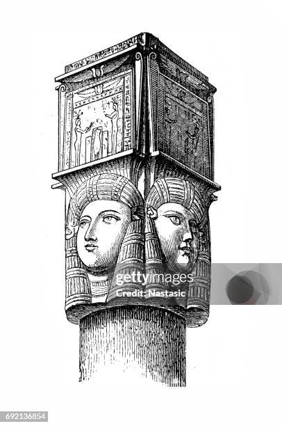 capital from the hathor temple in dendera - dendera stock illustrations