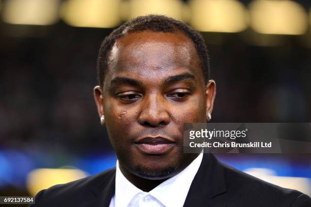 Benni McCarthy looks on during the UEFA Champions League Final match between Juventus and Real Madrid at the National Stadium of Wales on June 3,...
