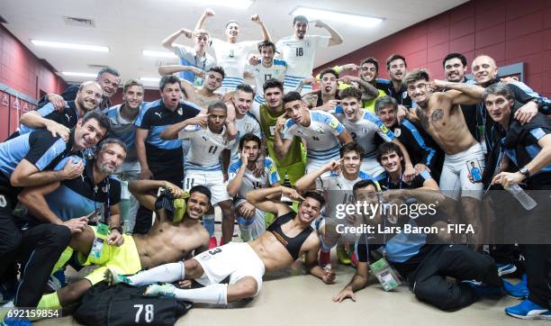 Players of Uruguay celebrate in the dressing room after winning the FIFA U-20 World Cup Korea Republic 2017 Quarter Final match between Portugal and...