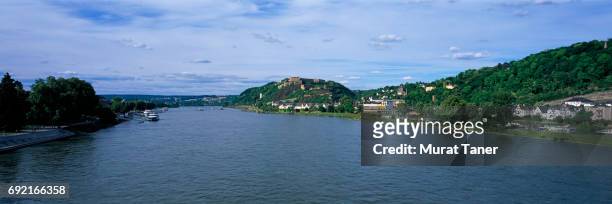 panorama of ehrenbreitstein fortress and the rhine river - ehrenbreitstein fortress stock pictures, royalty-free photos & images