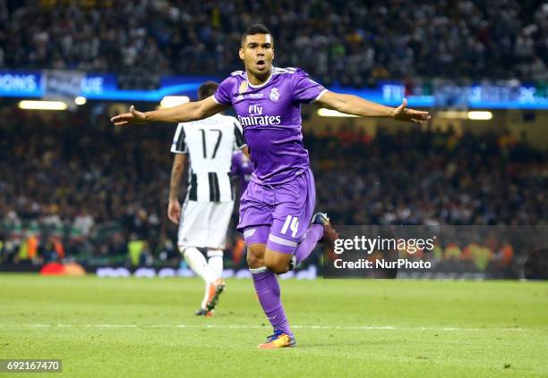 Casemiro of Real Madrid CF Celebrates his goal during the UEFA Champions League - Final match between Real Madrid and Juventus at National Wales...