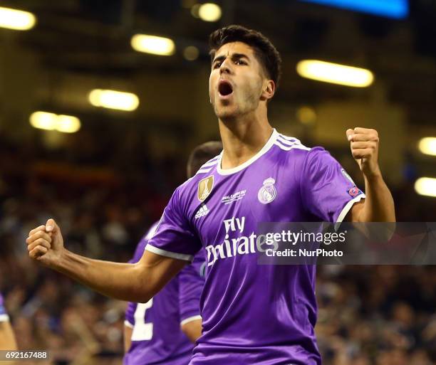 Marco Asensio of Real Madrid CF celebrates his goal during the UEFA Champions League - Final match between Real Madrid and Juventus at National Wales...