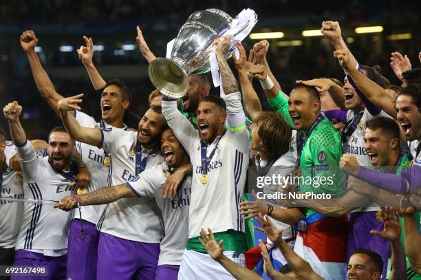 Sergio Ramos of Real Madrid CF with Trophy during the UEFA Champions League - Final match between Real Madrid and Juventus at National Wales Stadium...