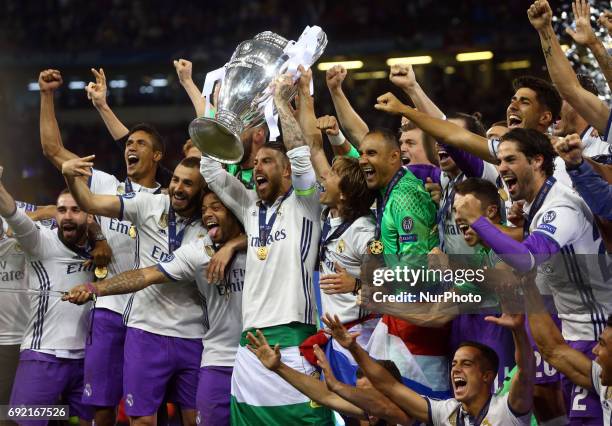 Sergio Ramos of Real Madrid CF with Trophy during the UEFA Champions League - Final match between Real Madrid and Juventus at National Wales Stadium...