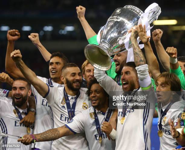 Sergio Ramos of Real Madrid CF with Trophy during the UEFA Champions League - Final match between Real Madrid and Juventus at National Wales Stadium...