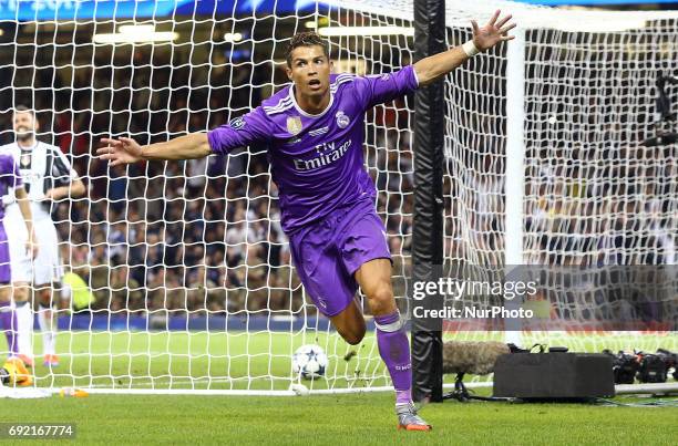 Cristiano Ronaldo of Real Madrid CF celebrates his goal during the UEFA Champions League - Final match between Real Madrid and Juventus at National...