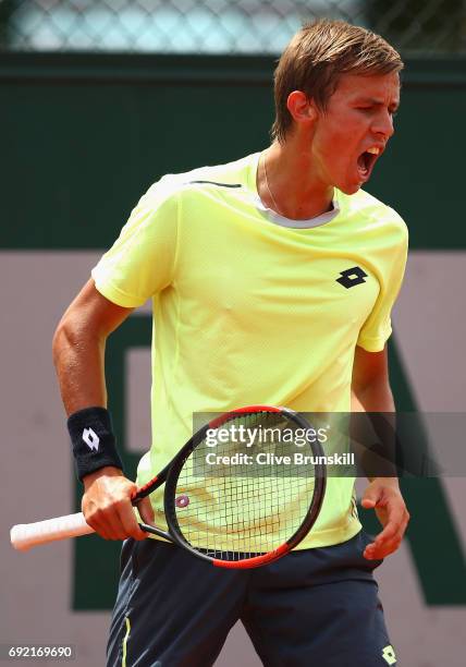 Matteo Martineau of France reacts during the boys singles first round match against Juan Pablo Grassi Mazzuchi of Argentina on day eight of the 2017...