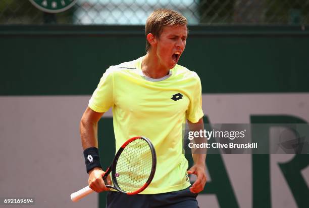 Matteo Martineau of France plays a forehand during the boys singles first round match against Juan Pablo Grassi Mazzuchi of Argentina on day eight of...