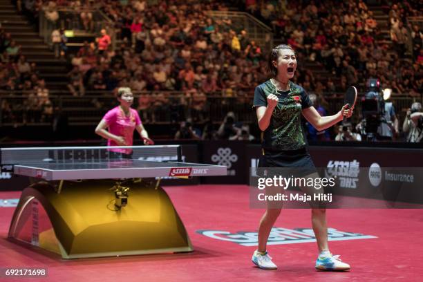 Ning Ding of China celebrates after winning Women's Singles Final against Yuling Zhu of China at Table Tennis World Championship at Messe Duesseldorf...