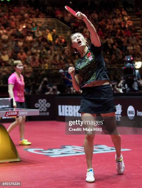 Ning Ding of China celebrates after winning Women's Singles Final against Yuling Zhu of China at Table Tennis World Championship at Messe Duesseldorf...