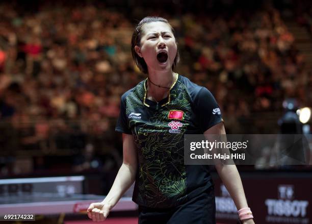 Ning Ding of China celebrates during Women's Singles Final against Yuling Zhu of China at Table Tennis World Championship at Messe Duesseldorf on...