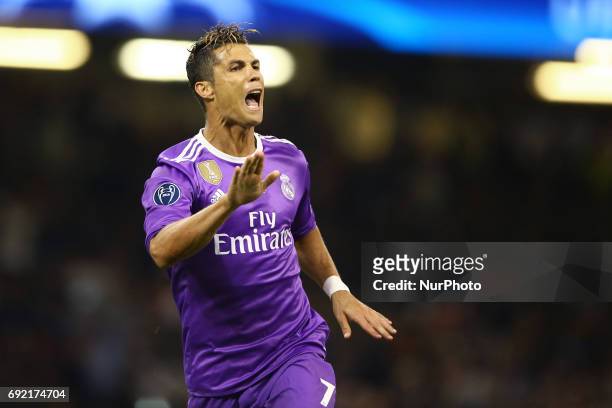Cristiano Ronaldo of Real Madrid celebrating the score during the UEFA Champions League Final between Juventus and Real Madrid at National Stadium of...
