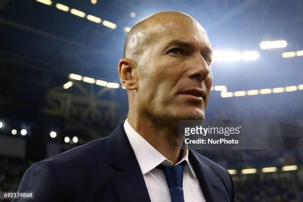 Real Madrid trainer Zinedine Zidane the UEFA Champions League Final between Juventus and Real Madrid at National Stadium of Wales on June 3, 2017 in...