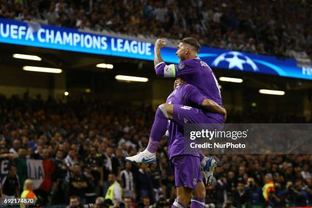 Cristiano Ronaldo of Real Madrid and Sergio Ramos of Real Madrid celebration the UEFA Champions League Final between Juventus and Real Madrid at...