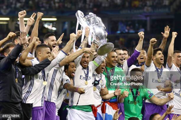 Sergio Ramos of Real Madrid celebrating with the trophy the UEFA Champions League Final between Juventus and Real Madrid at National Stadium of Wales...