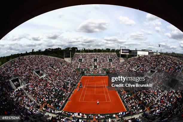 General view inside Court Suzanne Lenglen during the mens singles fourth round match between Rafael Nadal of Spain and Roberto Bautista Agut of Spain...