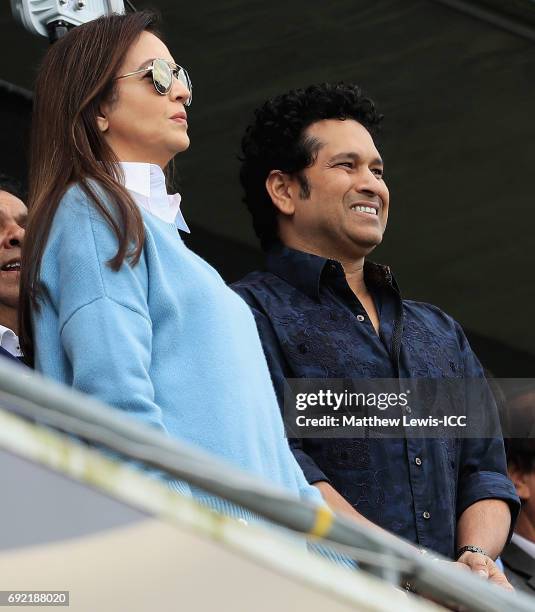 Nita Ambani and Sachin Tendulkar watch from the stands during the ICC Champions Trophy match between India and Pakistan at Edgbaston on June 4, 2017...