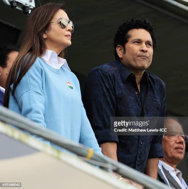 Nita Ambani and Sachin Tendulkar watch from the stands during the ICC Champions Trophy match between India and Pakistan at Edgbaston on June 4, 2017...
