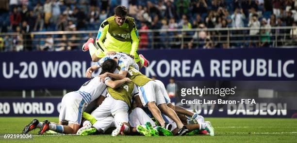 Players of Uruguay celebrate after winning the FIFA U-20 World Cup Korea Republic 2017 Quarter Final match between Portugal and Uruguay at Daejeon...