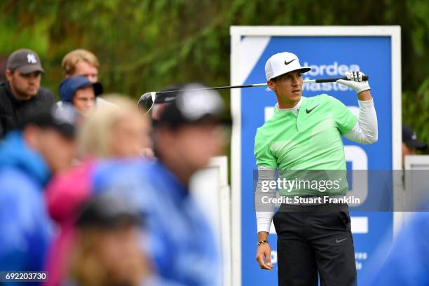 Thorbjorn Olesen of Denmark watches his tee shot during day four of the Nordea Masters at Barseback Golf & Country Club on June 4, 2017 in...
