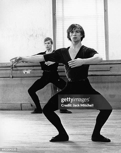 Rudolf Nureyev and Erik Bruhn working together privately at the Ballet Theatre School in New York City on January 20, 1965.
