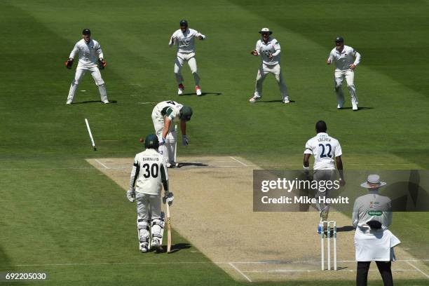 Ross Whiteley of Worcestershire is clean bowled by Jofra Archer of Sussex during the third day of the Specsavers County Championship Division Two...