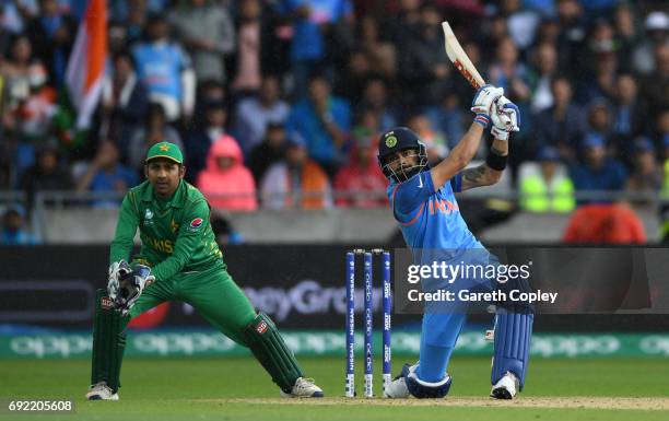 Virat Kohli of India bats during the ICC Champions Trophy match between India and Pakistan at Edgbaston on June 4, 2017 in Birmingham, England.