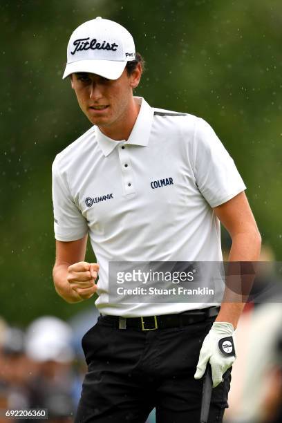 Renato Paratore of Italy celebrates his putt on sixteenth green the during day four of the Nordea Masters at Barseback Golf & Country Club on June 4,...