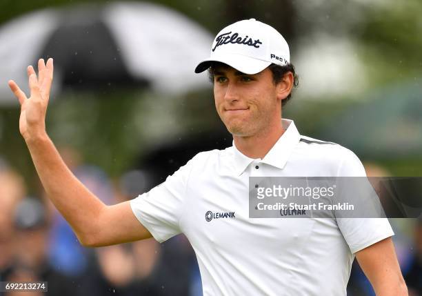 Renato Paratore of Italy acknowledges the crowd on the 18th green during day four of the Nordea Masters at Barseback Golf & Country Club on June 4,...