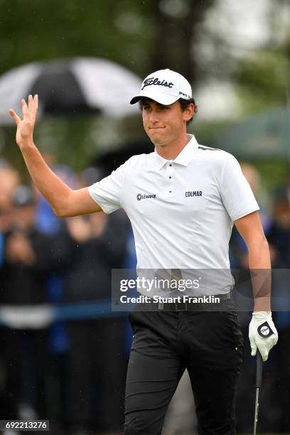 Renato Paratore of Italy acknowledges the crowd on the 18th green during day four of the Nordea Masters at Barseback Golf & Country Club on June 4,...