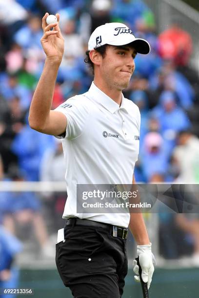 Renato Paratore of Italy acknowledges the crowd on the 18th green during day four of the Nordea Masters at Barseback Golf & Country Club on June 4,...