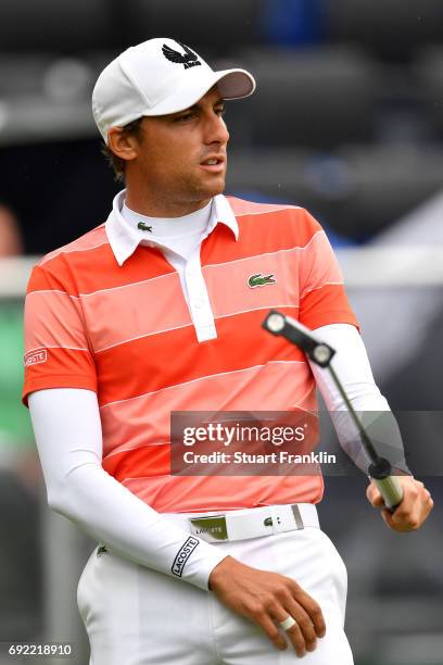 Benjamin Hebert of France watches his putt on the 18th during day four of the Nordea Masters at Barseback Golf & Country Club on June 4, 2017 in...