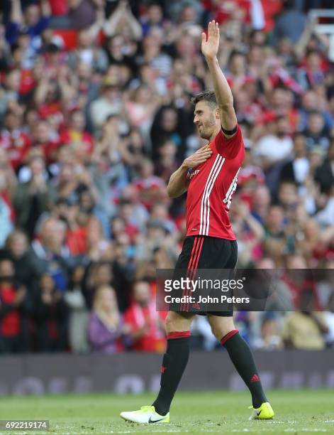 Michael Carrick of Manchester United '08 XI celebrates scoring their second goal during the Michael Carrick Testimonial match between Manchester...