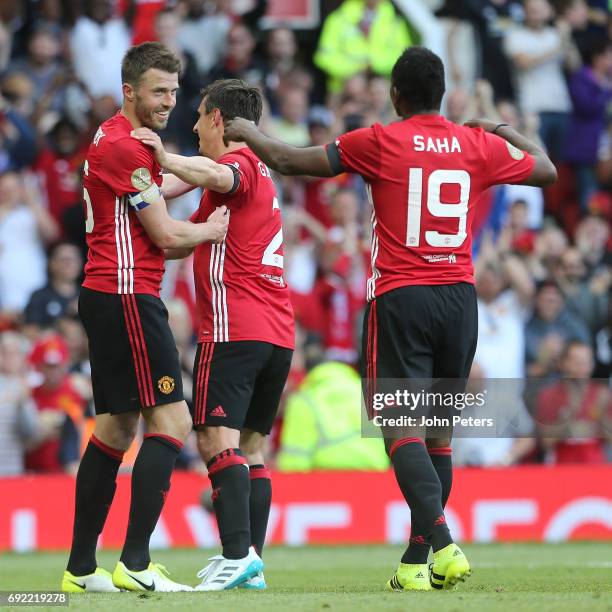 Michael Carrick of Manchester United '08 XI celebrates scoring their second goal during the Michael Carrick Testimonial match between Manchester...