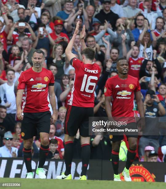 Michael Carrick of Manchester United '08 XI celebrates scoring their second goal during the Michael Carrick Testimonial match between Manchester...