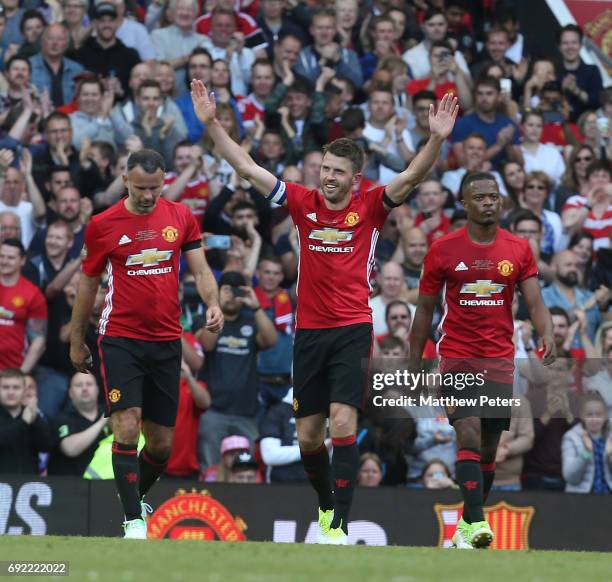 Michael Carrick of Manchester United '08 XI celebrates scoring their second goal during the Michael Carrick Testimonial match between Manchester...