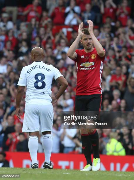 Michael Carrick of Manchester United '08 XI walks off after being substituted during the Michael Carrick Testimonial match between Manchester United...