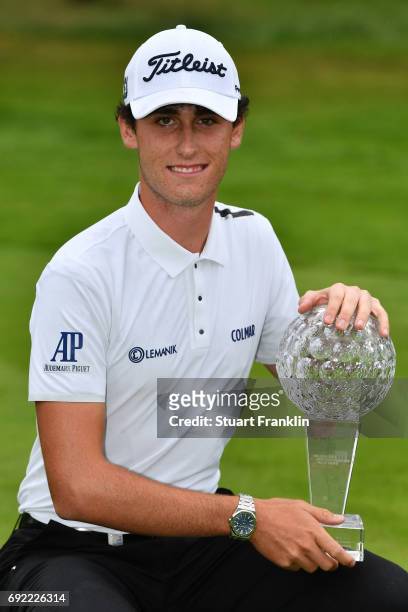 Renato Paratore of Italy poses with the trophy after his victory during day four of the Nordea Masters at Barseback Golf & Country Club on June 4,...