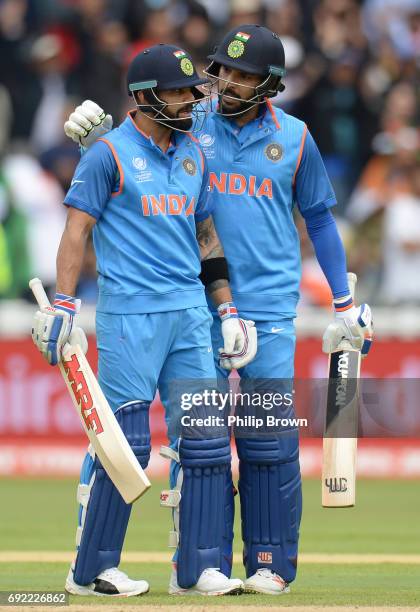 Virat Kohli and Yuvraj Singh of India during the ICC Champions Trophy match between India and Pakistan at Edgbaston cricket ground on June 4, 2017 in...