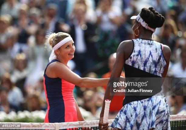 Timea Bacsinszky of Switzerland celebrates victory in her women's singles fourth round match against Venus Williams of the United States during day...