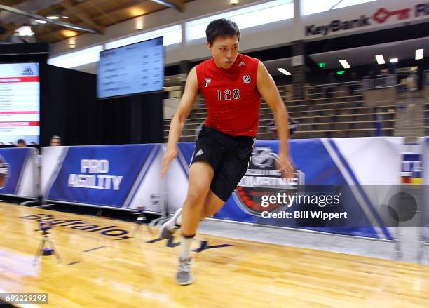 Jason Robertson performs the Pro Agility test during the NHL Combine at HarborCenter on June 3, 2017 in Buffalo, New York.