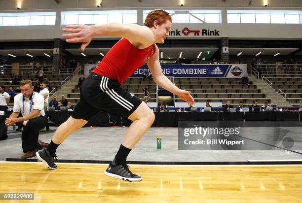 Owen Tippett performs the Pro Agility test during the NHL Combine at HarborCenter on June 3, 2017 in Buffalo, New York.