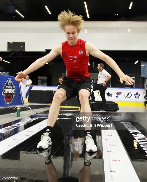 Elias Pettersson performs the long jump during the NHL Combine at HarborCenter on June 3, 2017 in Buffalo, New York.