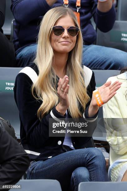 Milos Raonic fiancee model Danielle Knudson is spotted at Roland Garros on June 4, 2017 in Paris, France.