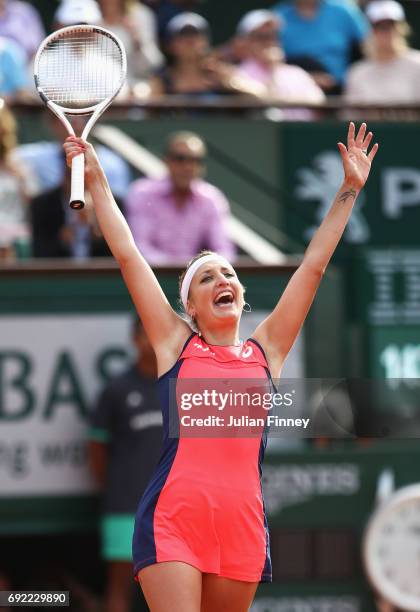 Timea Bacsinszky of Switzerland celebrates victory in her women's singles fourth round match against Venus Williams of the United States during day...