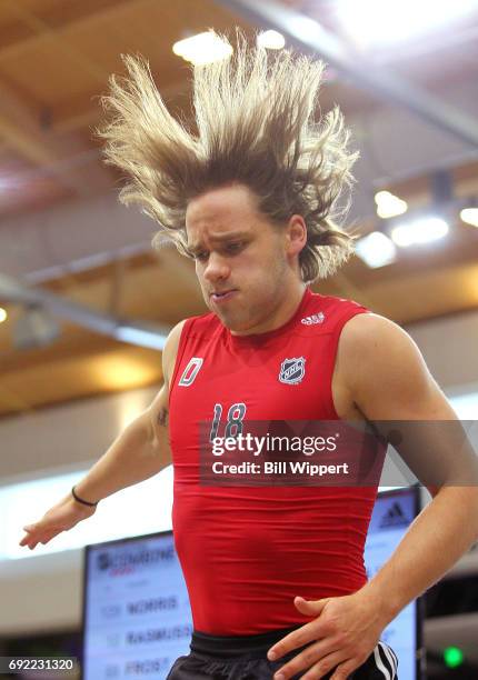 Timothy Liljegren jumps during testing at the NHL Combine at HarborCenter on June 3, 2017 in Buffalo, New York.