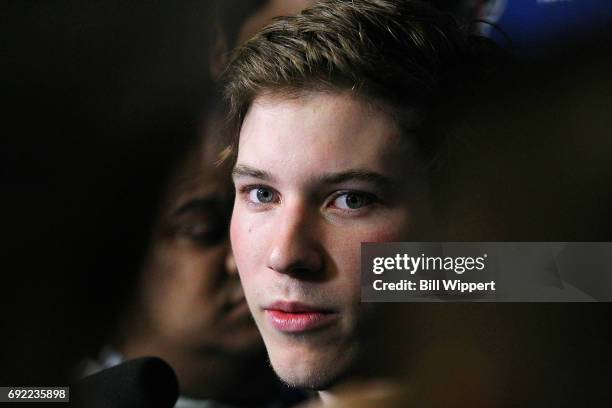 Nolan Patrick speaks to the media during the NHL Combine at HarborCenter on June 3, 2017 in Buffalo, New York.