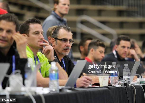 Team officials watch prospects take part in testing during the NHL Combine at HarborCenter on June 3, 2017 in Buffalo, New York.