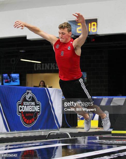 Cayden Primeau performs the long jump during the NHL Combine at HarborCenter on June 3, 2017 in Buffalo, New York.